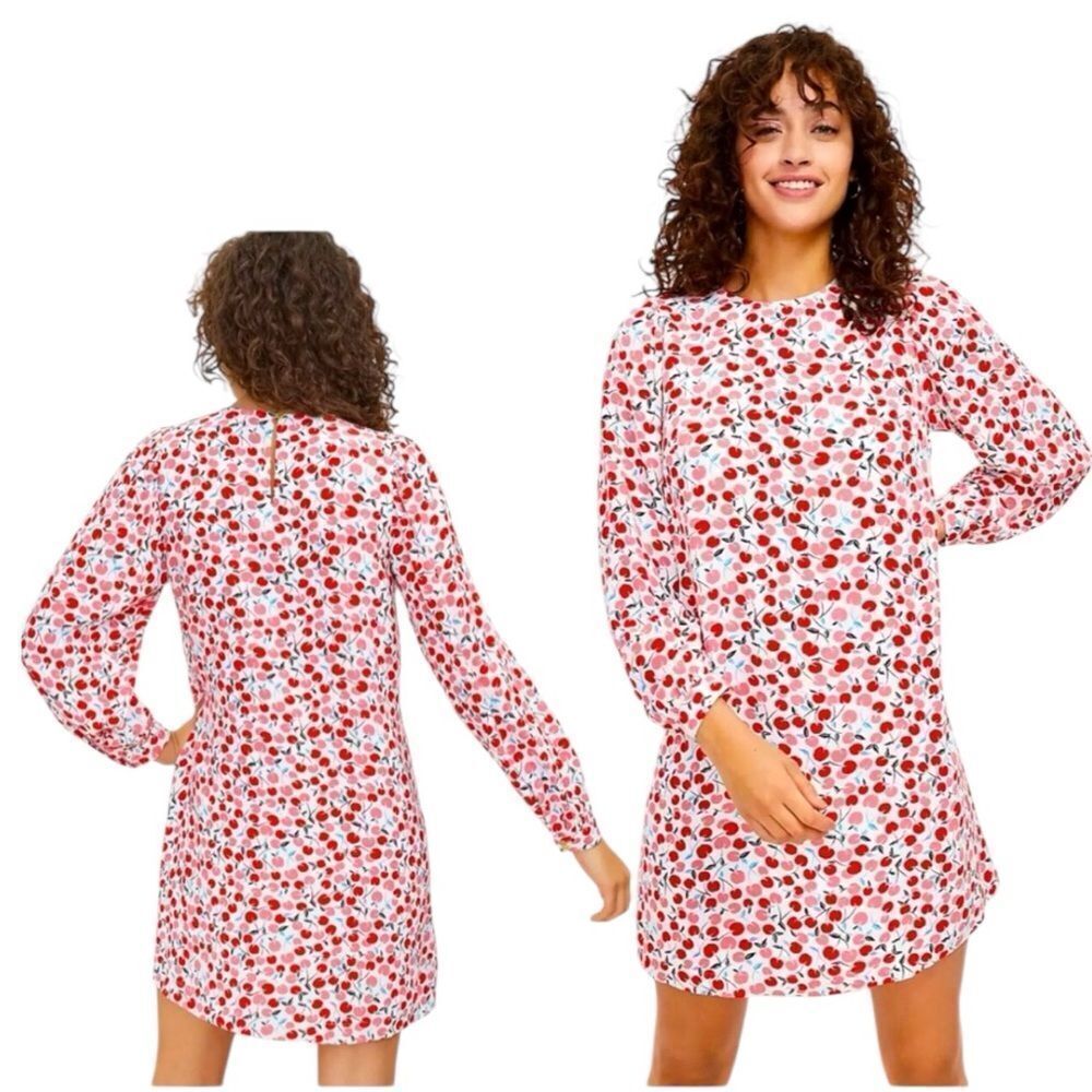 LOFT Cherry Balloon Sleeve Swing Dress size Medium Crepe Novelty Y2K Soft Girl